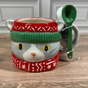 Winter Frost Cat Mug W/Stir Spoon Christmas Holiday Ceramic 16oz Coffee Tea Cup